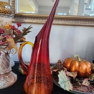 Vintage Kanawa Red and Orange Crackle Stretch Glass Pitcher Vase, 14" Tall